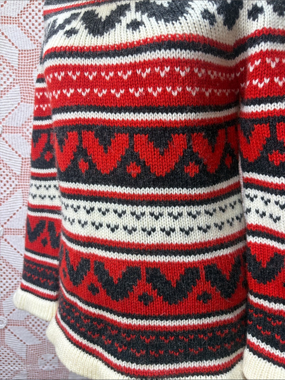 Vintage Fair Isle Cowl Neck Sweater Red Black Cream Acrylic - Picture 5 of 11